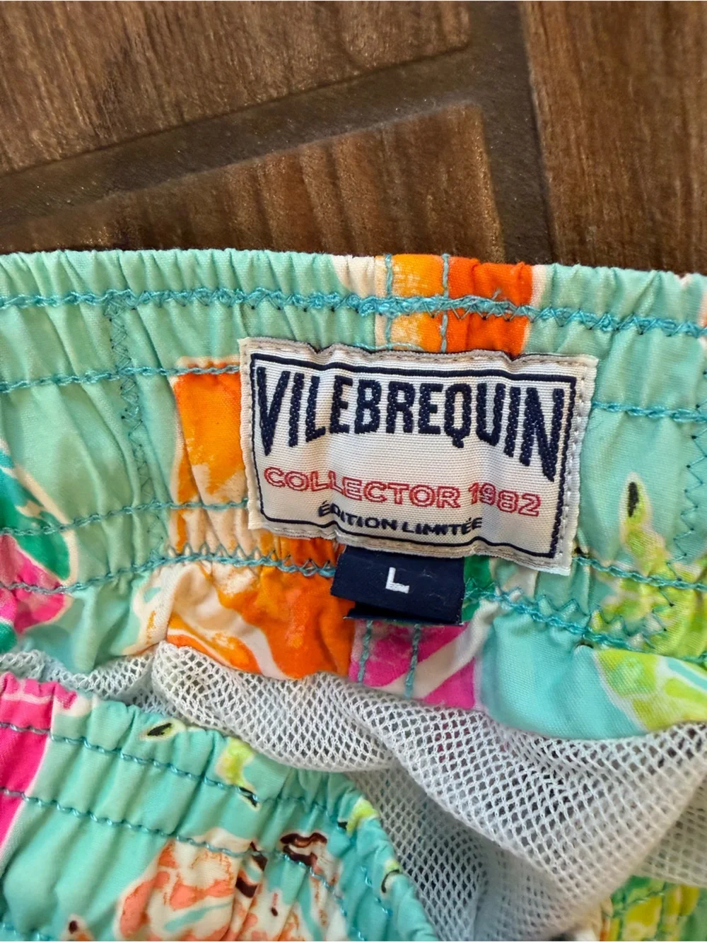 Vilebrequin Limited Edition Mint Swim Shorts w/Neon Drawstring and Beach Motif